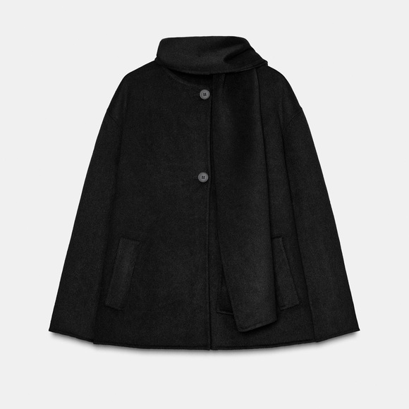 ZARA WOOL BLEND SHORT COAT WITH DETACHABLE SCARF - BLACK - Picture 8 of 17